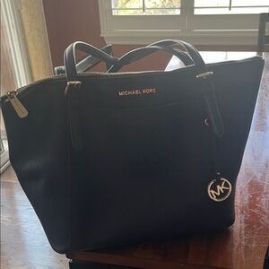 Michael Kors Black Leather Tote with Gold Accents